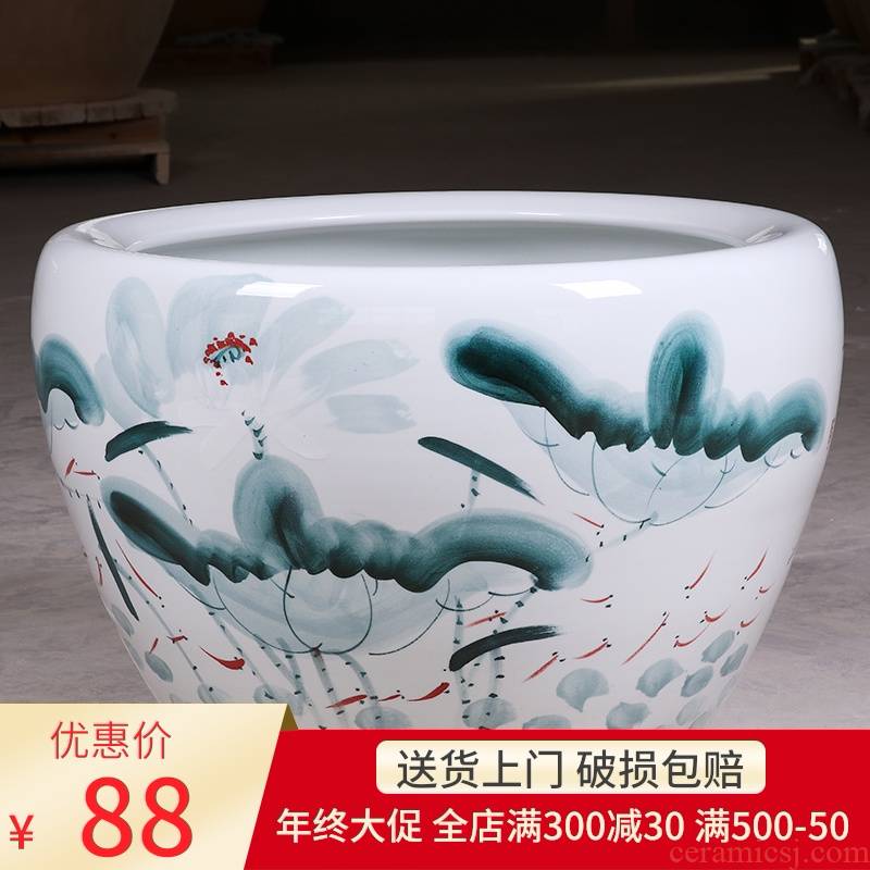 Package mail jingdezhen ceramic aquarium turtle cylinder goldfish bowl lotus flower pot lotus large painting and calligraphy tank