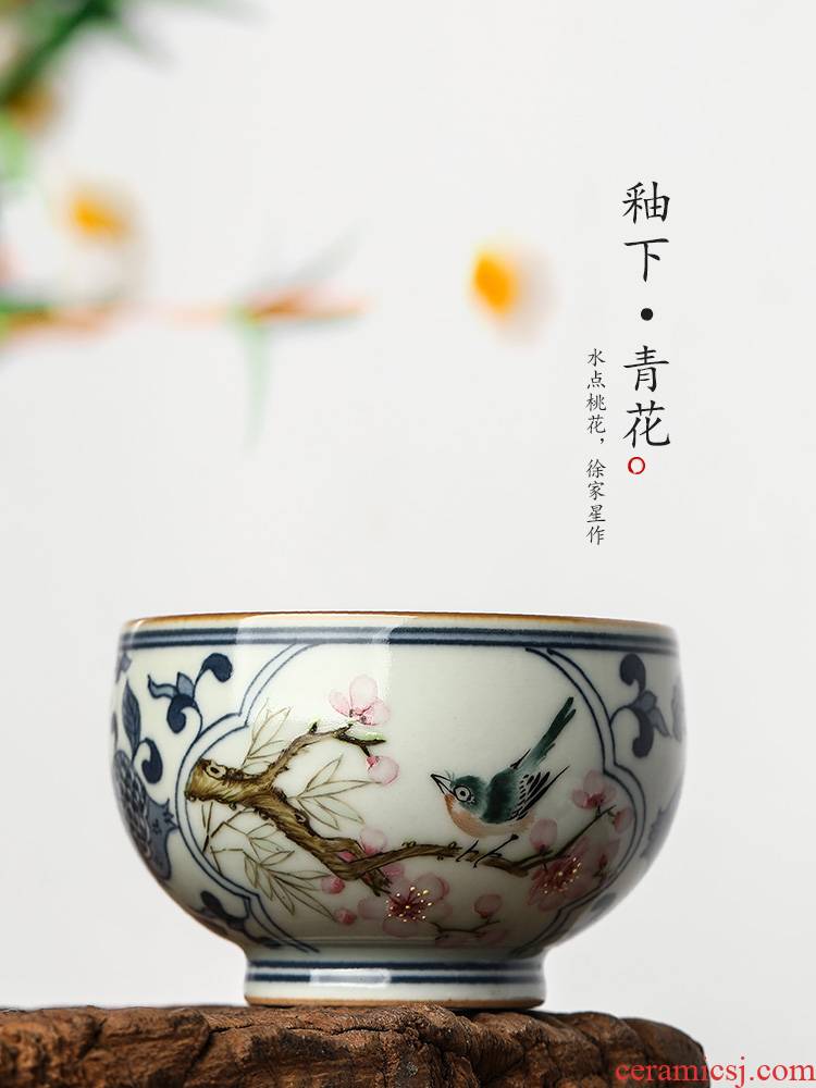 Xu, Jiaxing hand - made jingdezhen blue and white peach blossom put water point master cup single CPU checking ceramic kung fu tea set. A single