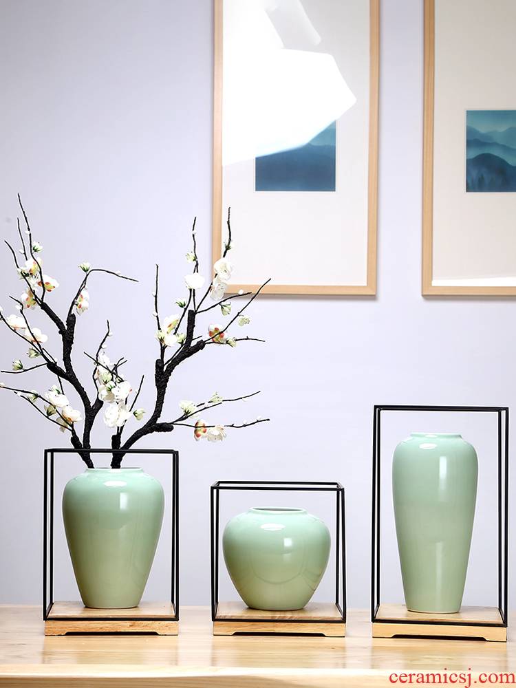 Jingdezhen ceramics vase cyan creative manual Chinese flower arranging the study furnishing articles handicraft suit sitting room