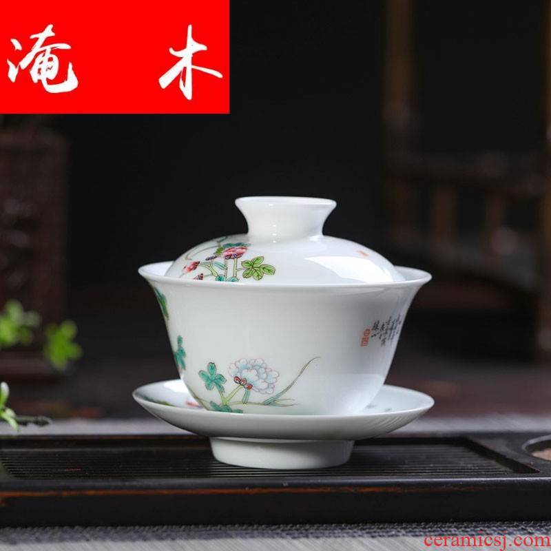 Flooded wooden checking ceramic tea ware bowl jingdezhen porcelain tea set three to make tea tureen hand - made of pastel