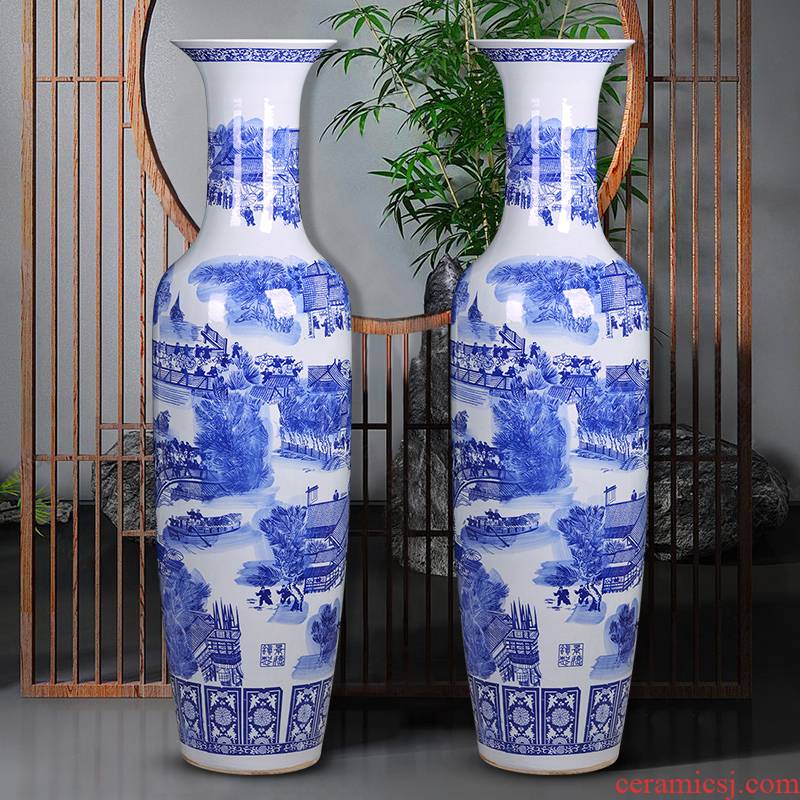 Blue and white porcelain of jingdezhen ceramics vase qingming scroll landing a large sitting room decoration to the hotel opening furnishing articles