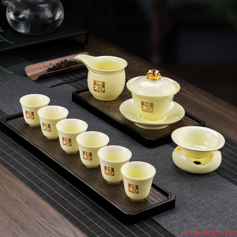 Jingdezhen ceramic kung fu tea set tea service home sitting room is contracted style suet jade porcelain tureen tea cups