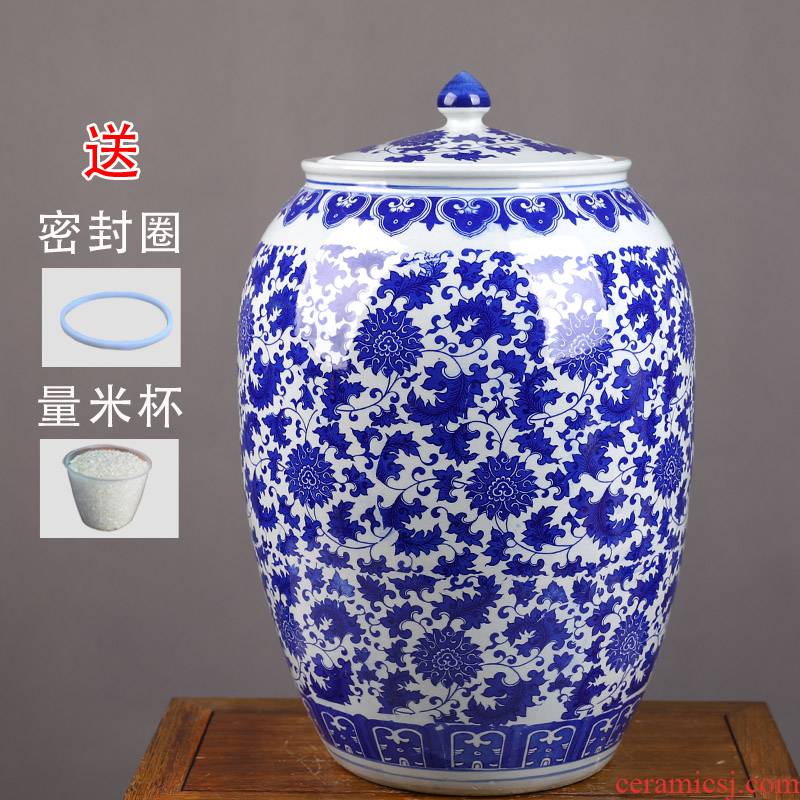 Jingdezhen ceramic barrel household 50 kg loading with cover thickening tank ricer box flour cylinder seal storage tank in the kitchen