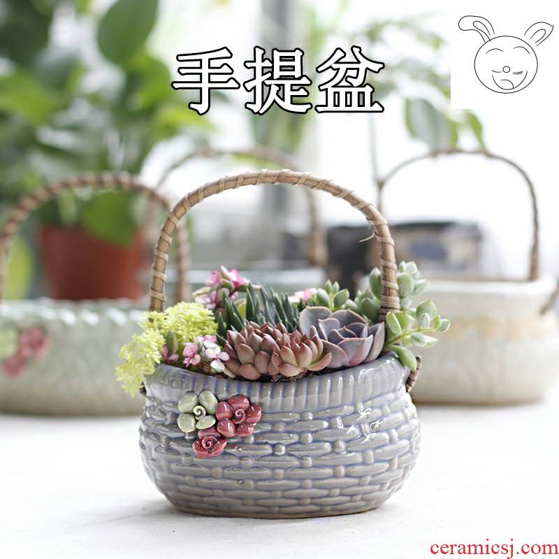 Hand basket fleshy flowerpot ceramic flower pot the plants ideas through my pockets pottery flowerpot contracted size pot pot meat
