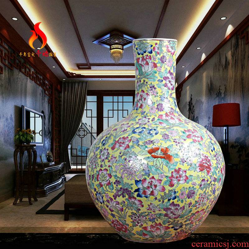 Jingdezhen ceramics vase landing high - grade hand - made yellow flower powder tree decoration pieces of new Chinese style