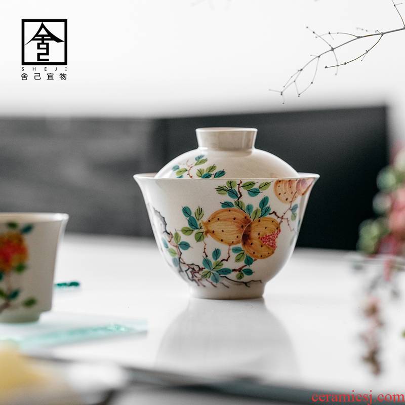 The Self - "appropriate content of jingdezhen hand - made pomegranate tureen single CPU use ceramic retro kung fu tea set