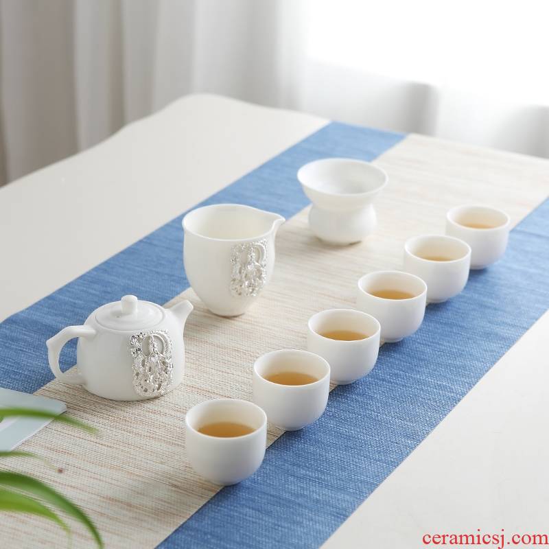 Qiao mu of jingdezhen tea service suit household contracted suet jade porcelain kung fu tea ware ceramic cups small cups