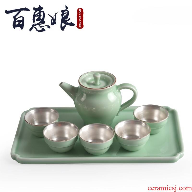 (niang 999 sterling silver with silver ceramic cups travel bowl tea pot dry terms plate of kung fu tea taking