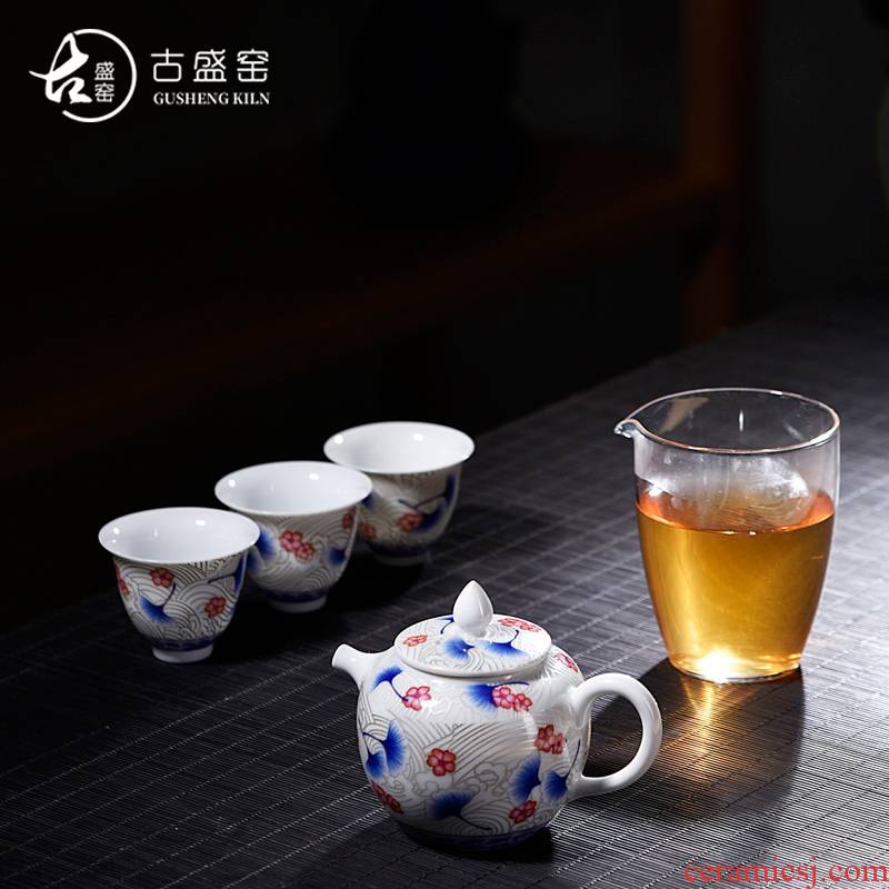 Ancient sheng up 3 new ginkgo portable travel tasted silver gilding porcelain kung fu suit of a complete set of see colour sample tea cup