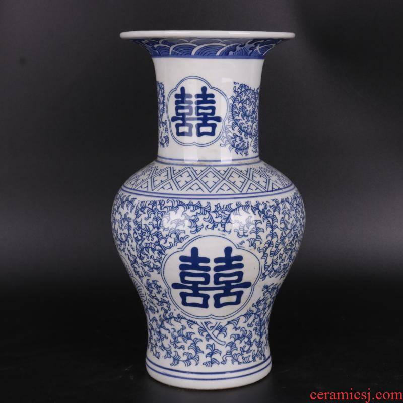 The Qing qianlong happy character flower vase with blue and white tie up branches decals antique craft porcelain bottle household of Chinese style furnishing articles old goods collection