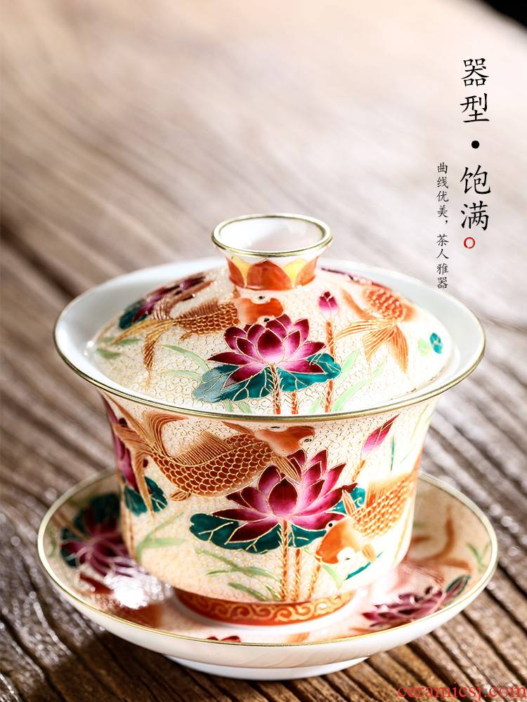 Jingdezhen hand - made goldfish only three tureen tea tea cups checking enamel paint to use kung fu tea set