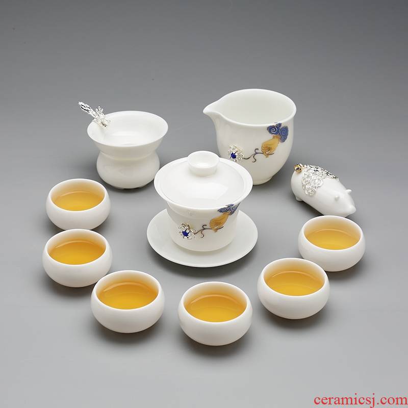 Qiao mu jingdezhen porcelain tea set suit modern ceramic tea household kung fu tea cups and contracted with silver
