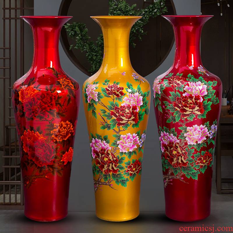 Jingdezhen porcelain ceramic red peony oversized ground vase hotel opening home sitting room adornment is placed