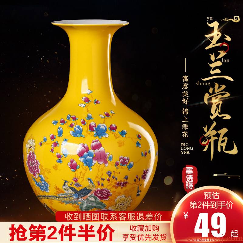 Jingdezhen ceramics yellow vase furnishing articles of new Chinese style household adornment flower arranging rich ancient frame handicraft sitting room