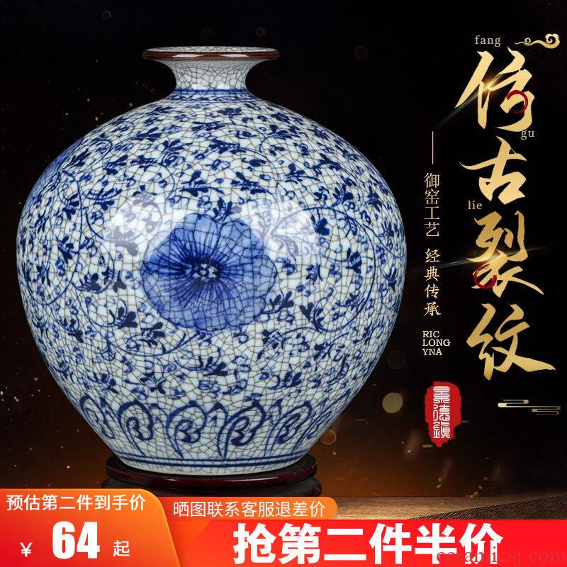 Jingdezhen ceramics Chinese style living room home wine ark, adornment furnishing articles antique hand - made crack blue and white porcelain vase