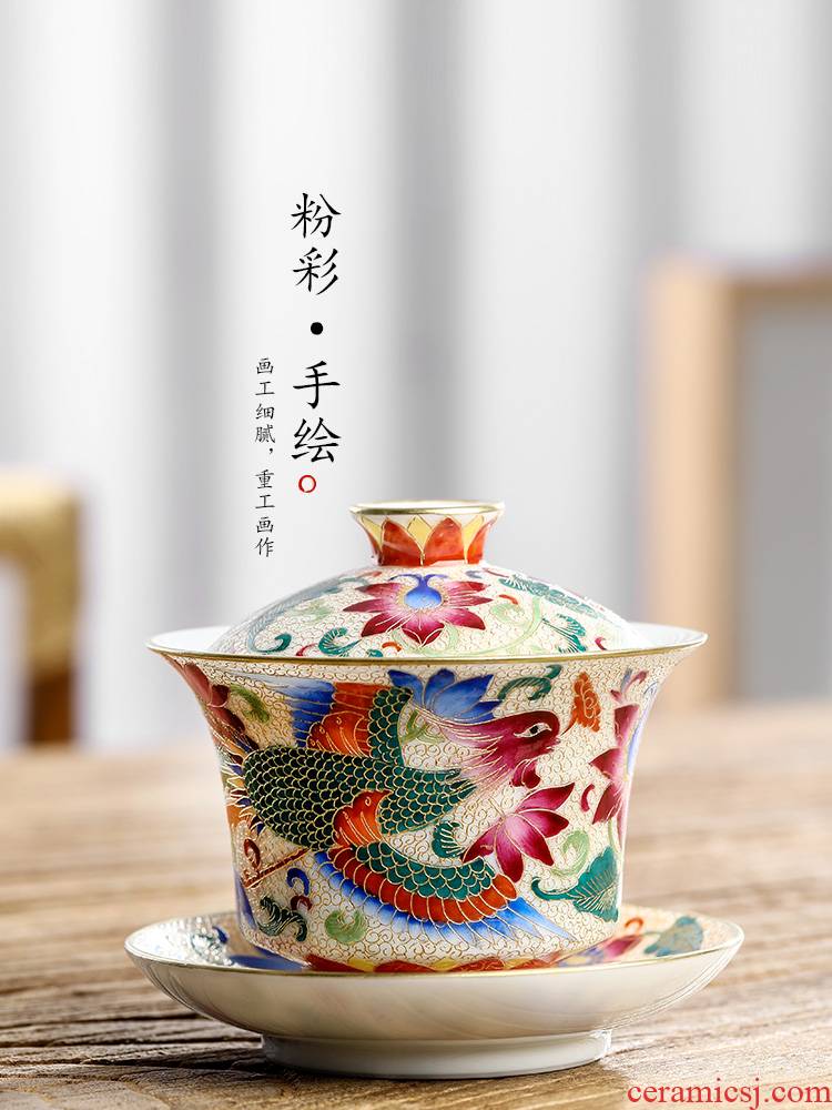 Pure manual only three tureen tea tea cups of jingdezhen hand - made ceramic bowl with colored enamel phoenix kung fu