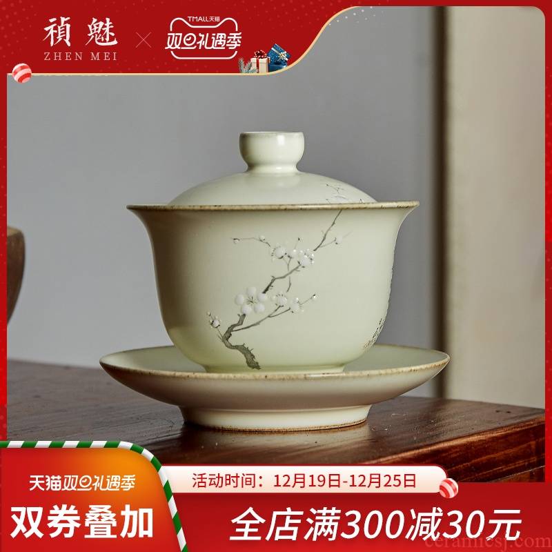 Shot incarnate your up hand - made name plum blossom put only three tureen jingdezhen ceramic cups kung fu tea tea bowl cover cup