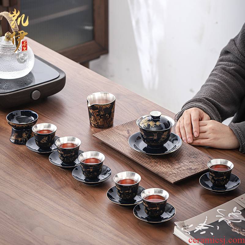 Tasted silver gilding kung fu tea sets tea tureen jingdezhen ceramic tea set with silver cups office tea gifts