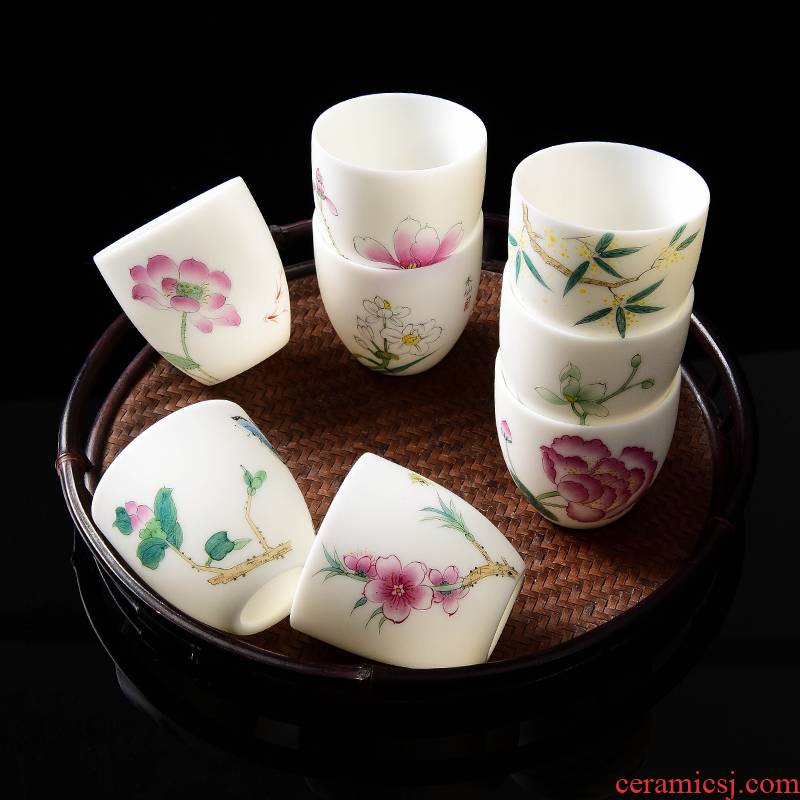 Dehua white porcelain hand - made twelve flora of suet jade tea master cup single CPU kung fu sample tea cup single men and women