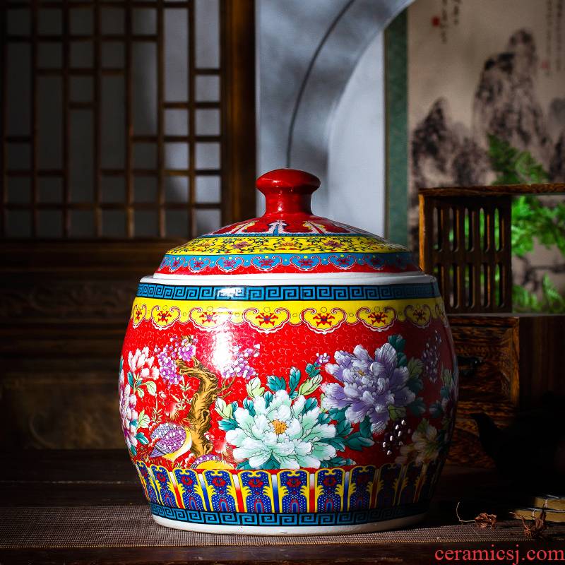Jingdezhen ceramic barrel with cover Chinese colored enamel 20 jins home sitting room place seal storage tank ornament