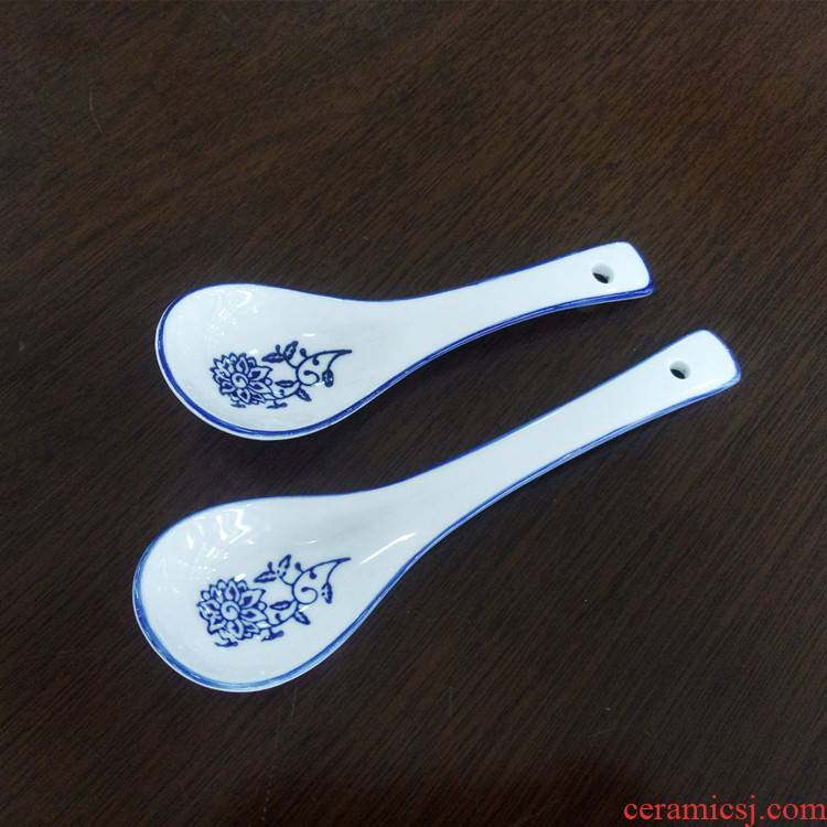 Spoon household spoons in lanzhou long handle blue hand - made porcelain Spoon bag mail size 30 Spoon noodles rice ladle