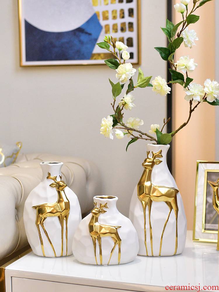 Modern light key-2 luxury wind - deer ceramic vase furnishing articles three - piece wine sitting room adornment dried flower simulation flower arranging originality