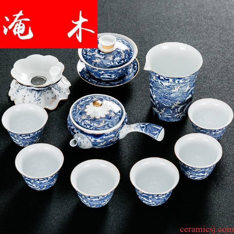 Submerged wood jingdezhen blue and white porcelain of a complete set of kung fu tea set household contracted ceramic side put pot of tea gift box