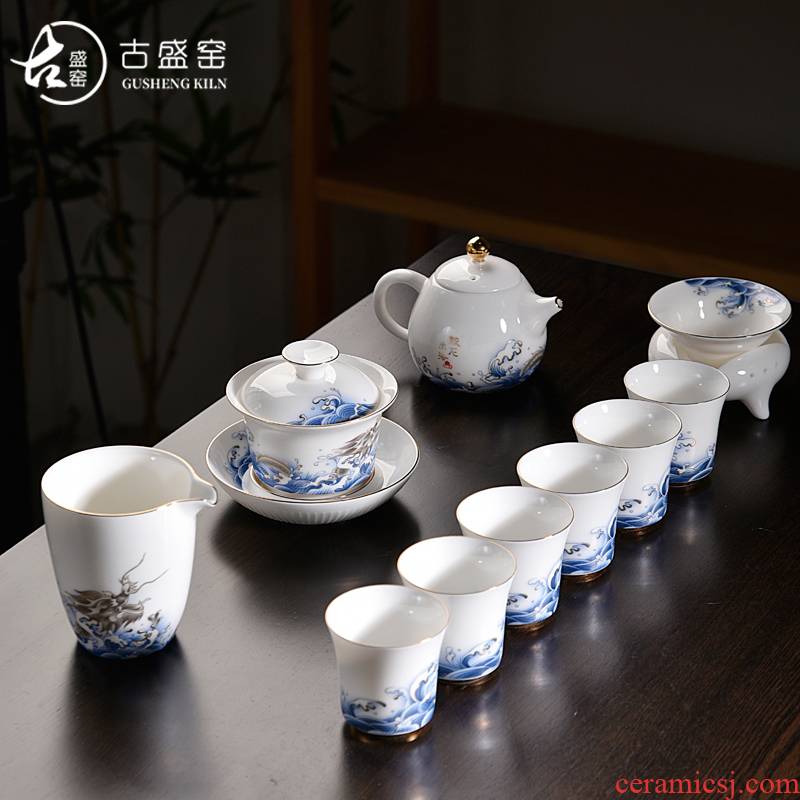 Old blue and white dragon sheng up household see colour porcelain kit kung fu tea set out to sea group make tea tureen tea pot