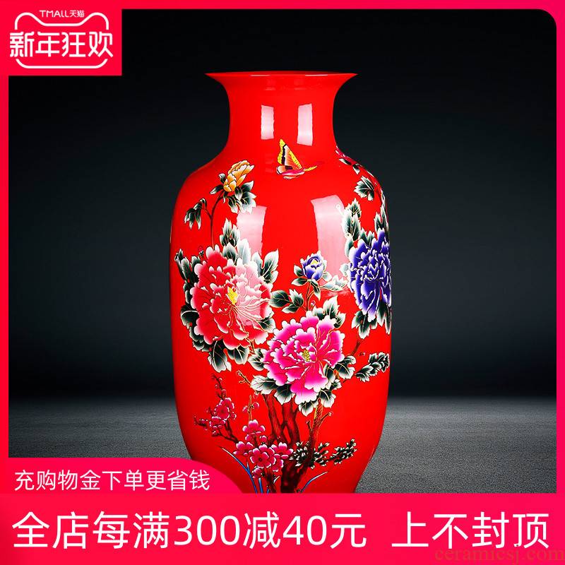 Jingdezhen ceramics red peony flowers prosperous large vase landed the sitting room porch decoration high furnishing articles