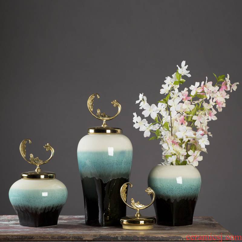 New Chinese style ceramic vase simulation flower art furnishing articles creative TV ark, metal accessories decorative up porcelain decoration