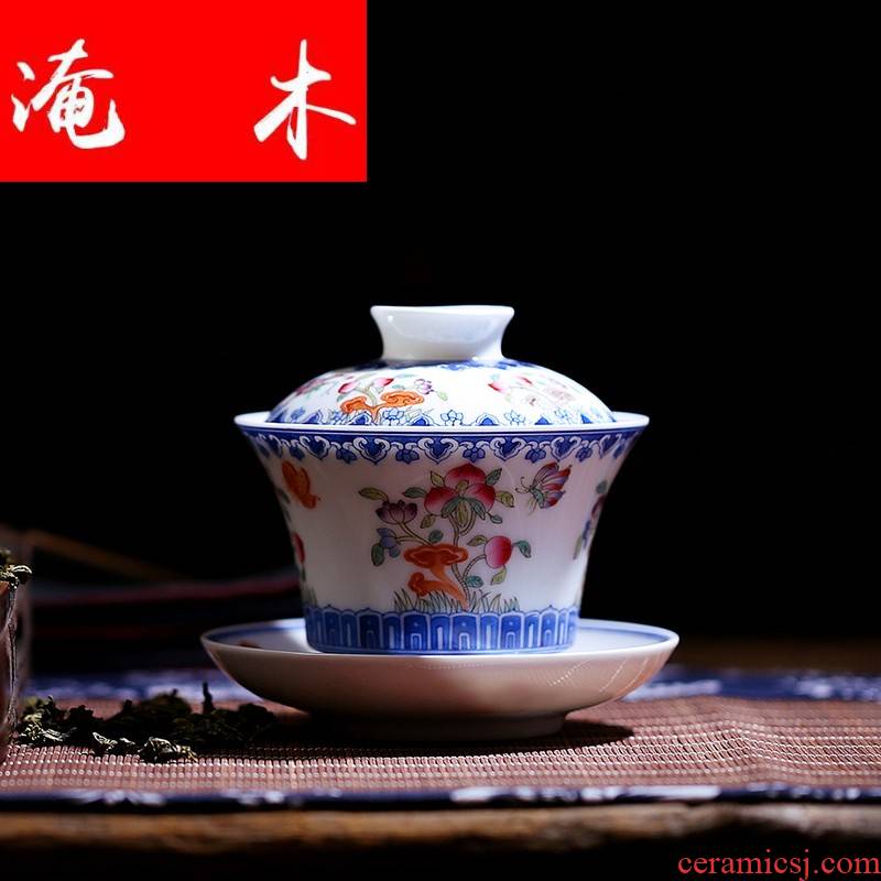 Flooded, rhyme tureen large ceramic tea set tea cups jingdezhen hand - made pastel three of the bowl bowl HX