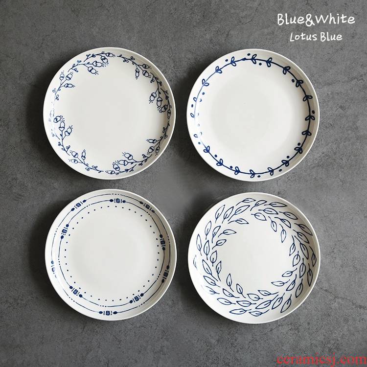 Qiao mu LH household blue and white 7 inch high rural wind ipads porcelain dessert plate pastry disc dried fruit dish cake plate ipads plate