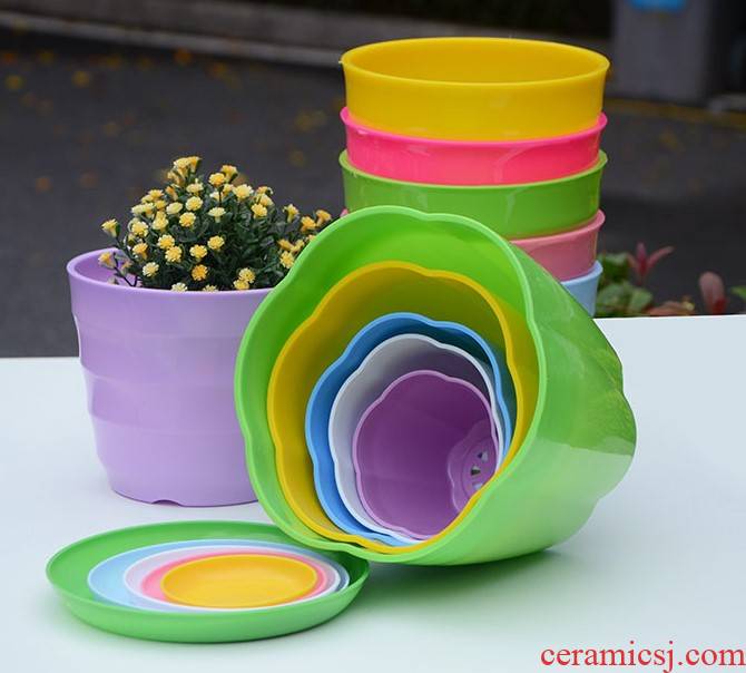 Environmental protection, plastic flower POTS imitation ceramic candy color small horizontal grain decoration large round creative fleshy beautiful flower pot