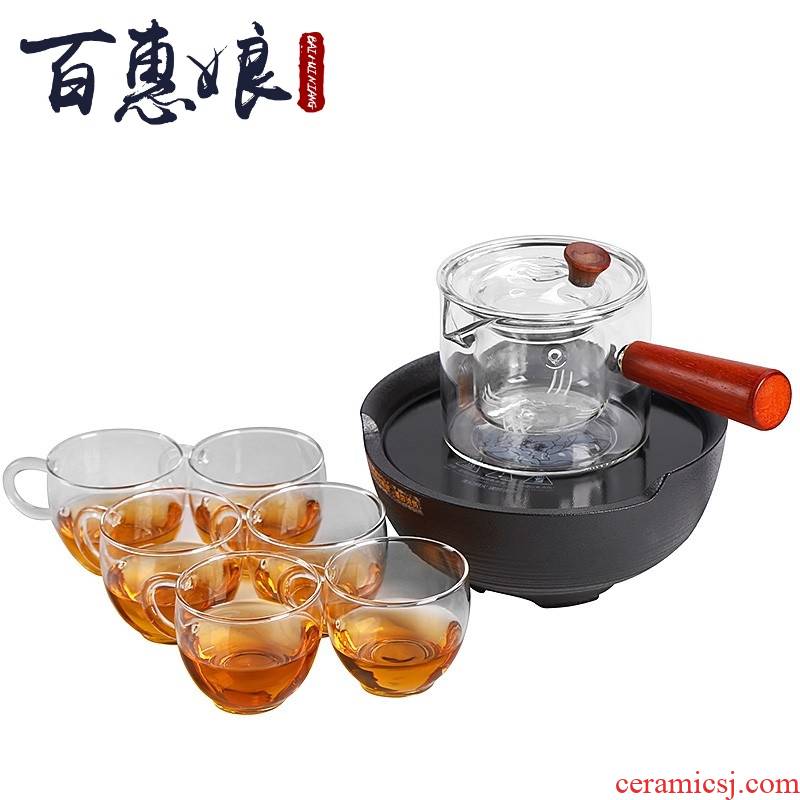 (niang, black pottery Japanese tea taking.mute household electrical TaoLu coarse pottery glass tea steamer to cook tea tea furnace side
