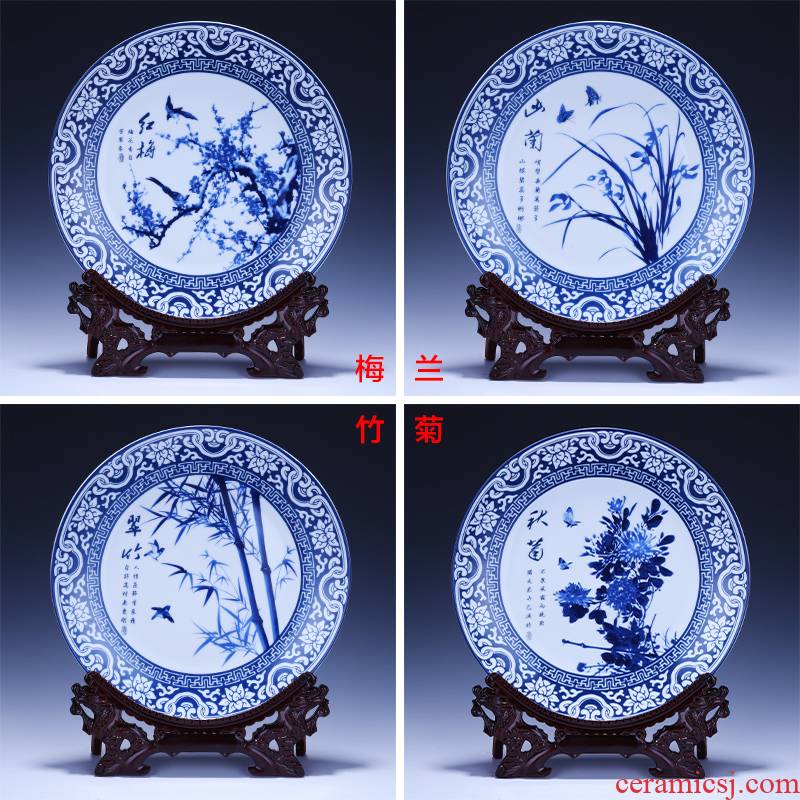 Jingdezhen chinaware plate decoration plate of four gentlemen of blue and white porcelain plate is placed new sitting room of Chinese style household act the role ofing is tasted