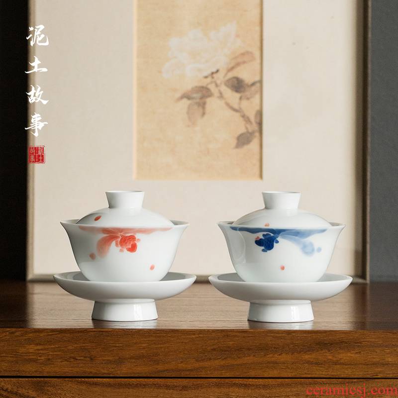 Jingdezhen pure manual hand - made fish play only three tureen tea cups a single thin foetus ceramic bowl kung fu tea set