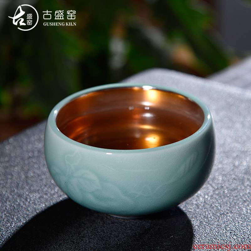 Ancient sheng up celadon master 99 sterling silver cup single CPU ceramic checking coppering. As silver sample tea cup large MeiQingYing green cups