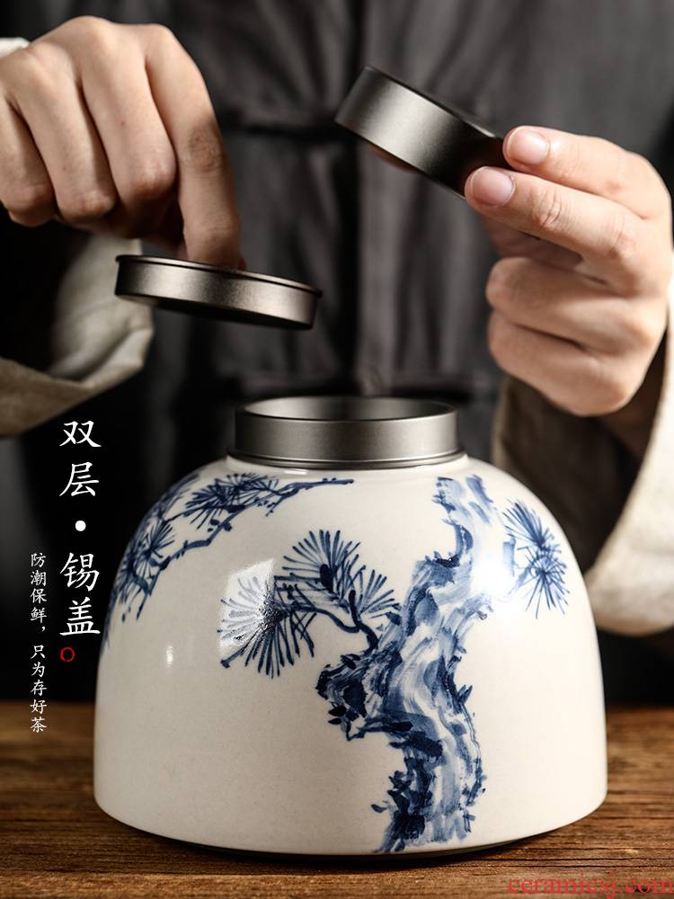 Plant ash glaze blue and white tea caddy fixings jingdezhen hand - made seal pot checking ceramic POTS storage tanks