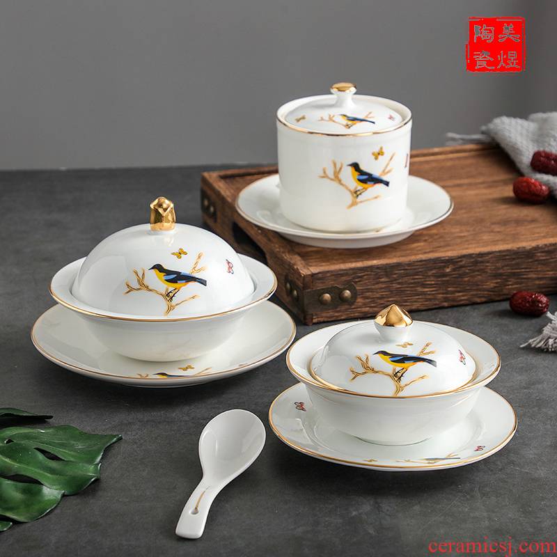 Water stew with liao and bird 's nest cup with cover small ceramic cup porcelain cup stew stew soup bowl dessert isinglass sugar Water bowls