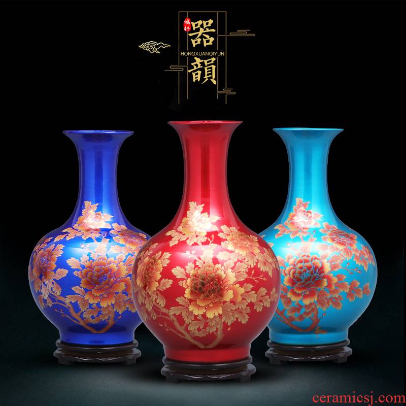 Jingdezhen ceramics China red crystal glaze gold flower vases, flower arranging new Chinese style household furnishing articles sitting room adornment