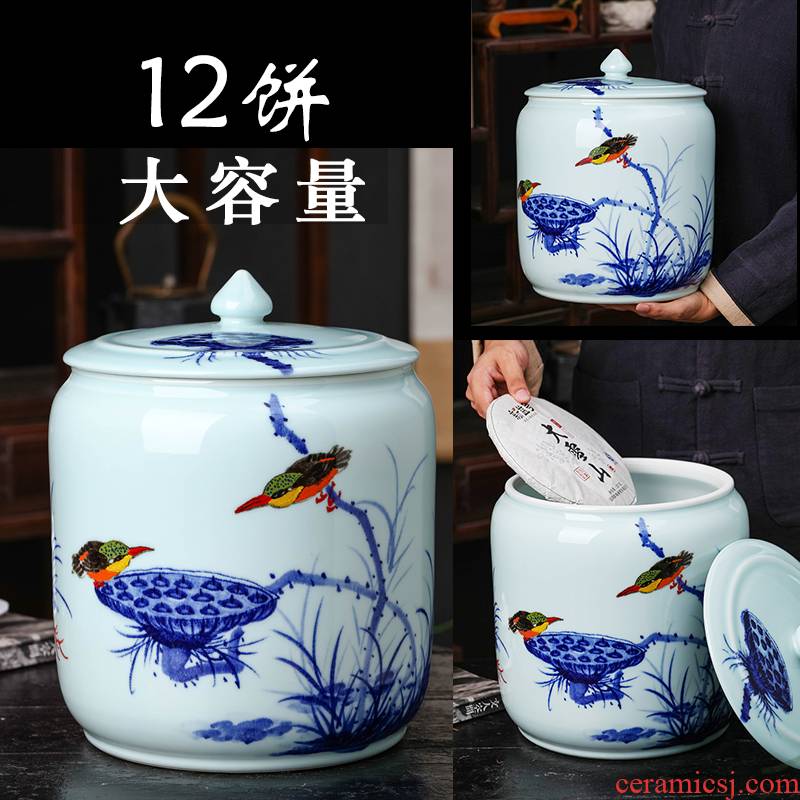 Jingdezhen hand - made ceramic tea pot large deposit tea pu 'er tea storage sealed up 12 cake tea urn storage POTS of household