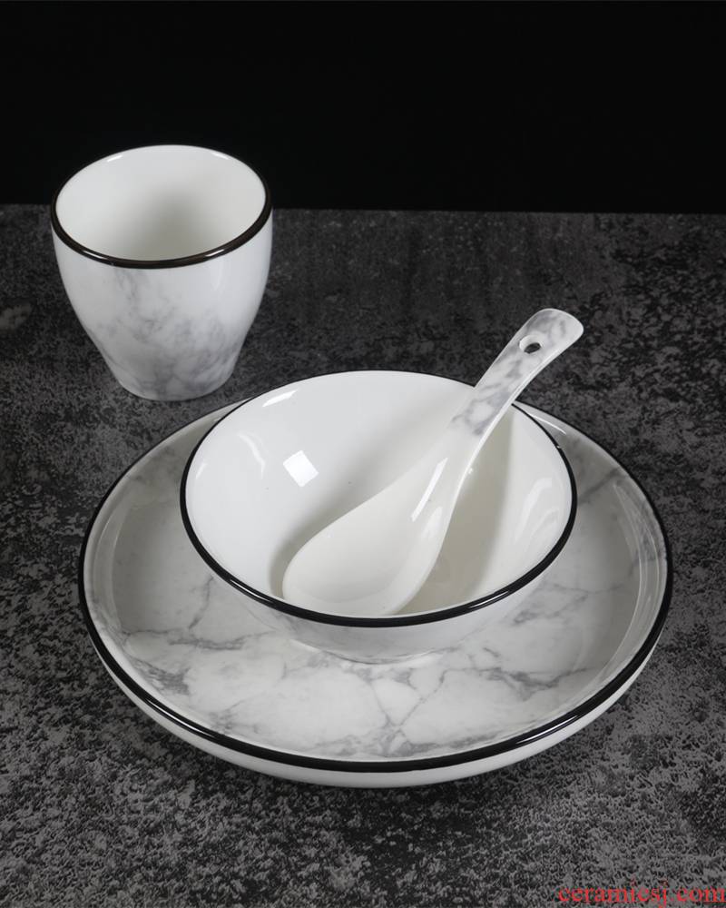 Simple black border tableware suit northern wind marble ceramic dish dish combination home eat rice bowl dish originality