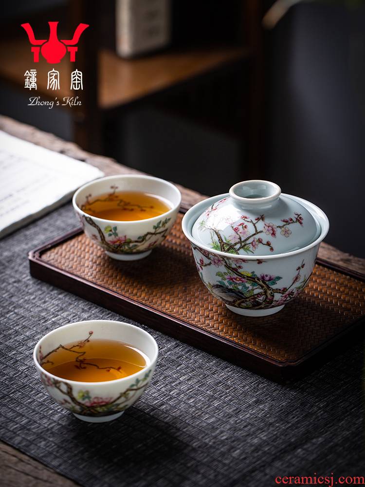 Clock home jingdezhen up tureen tea cup set manual tea colored enamel high - end prosperous flower is a tureen two cup