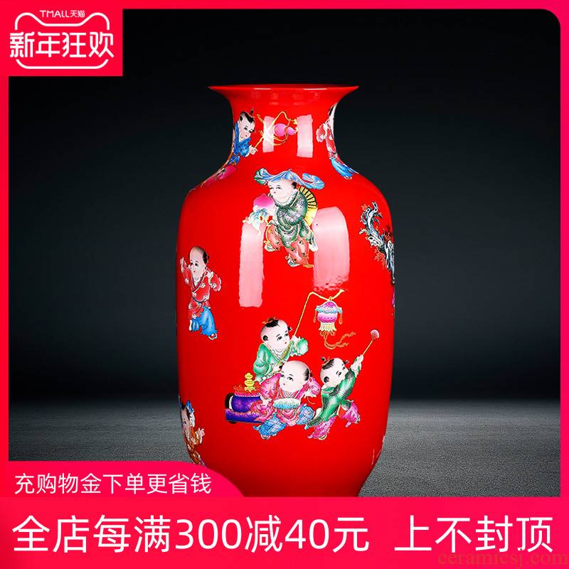Jingdezhen ceramics of large vase furnishing articles China red lad high figure sitting room of Chinese style household ornaments