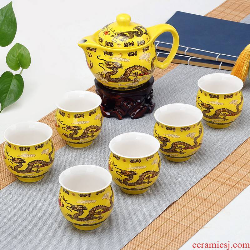 Hui shi 7 head double - yun - long huang double insulating ceramics of a complete set of kung fu tea set the teapot teacup