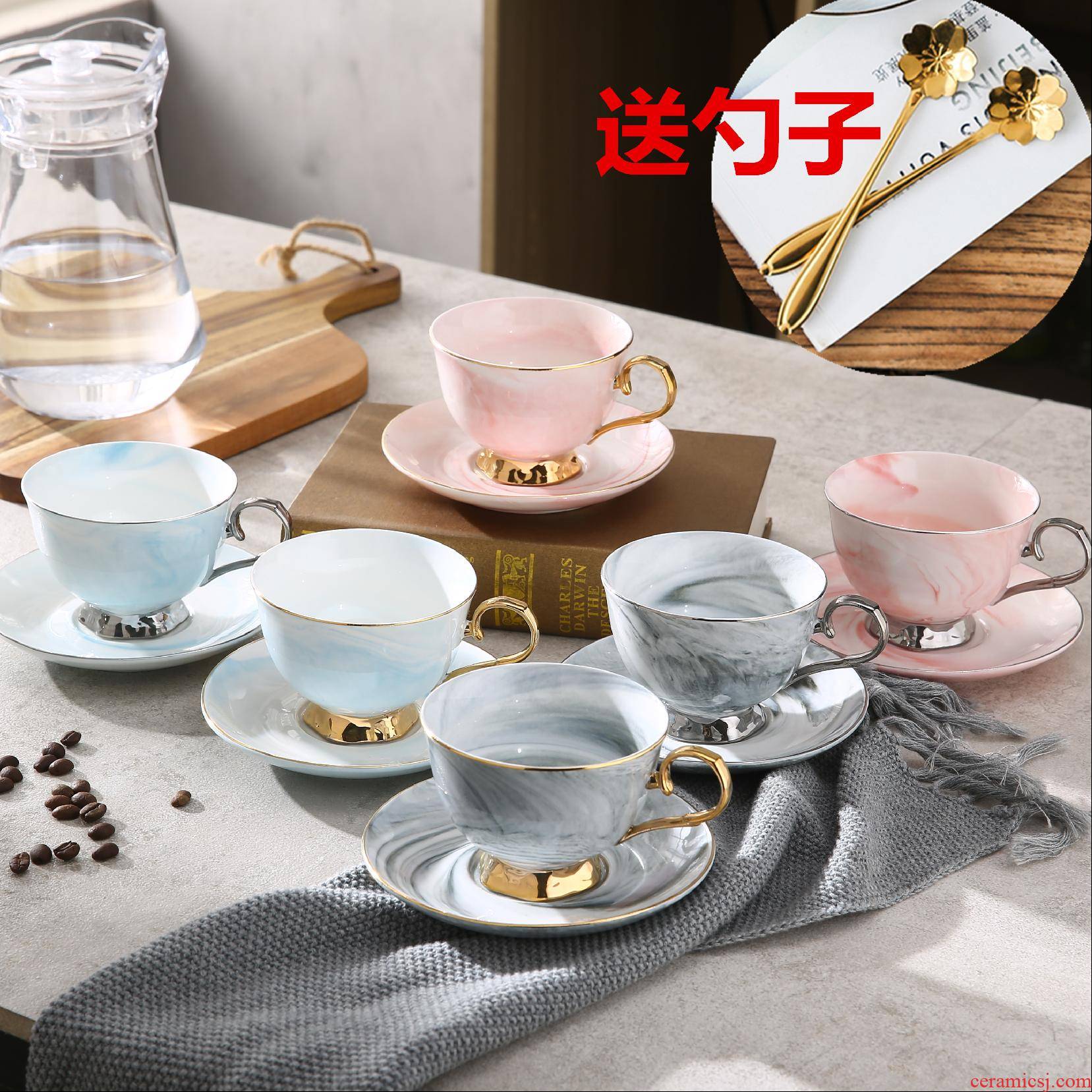 North European contracted creative marble ceramic coffee cups and saucers English afternoon tea red cup dish gift set