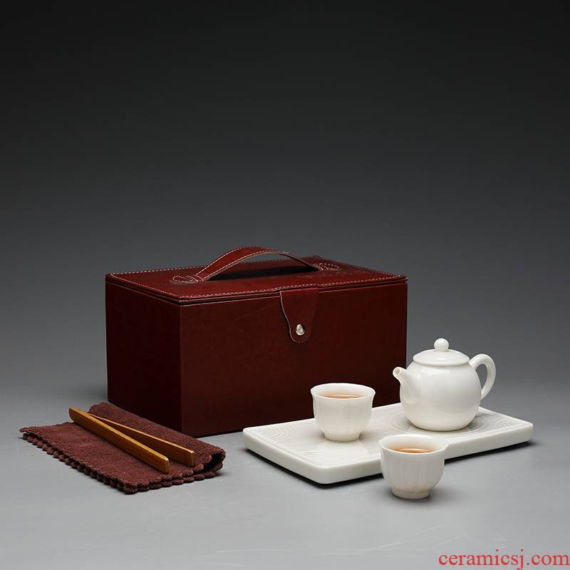 Travel a pot of tea set kung fu two cups of jingdezhen ceramics with tea tray was white porcelain on - board, portable bag