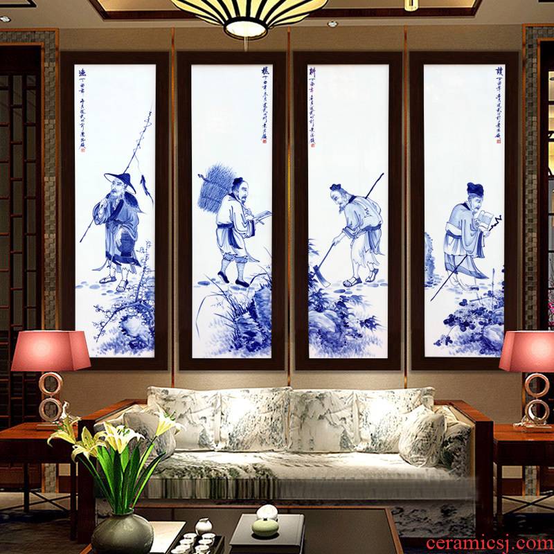 Hand the fishing qiao geng read jingdezhen porcelain plate painter in the sitting room background wall decoration hangs a picture of four new Chinese style screen
