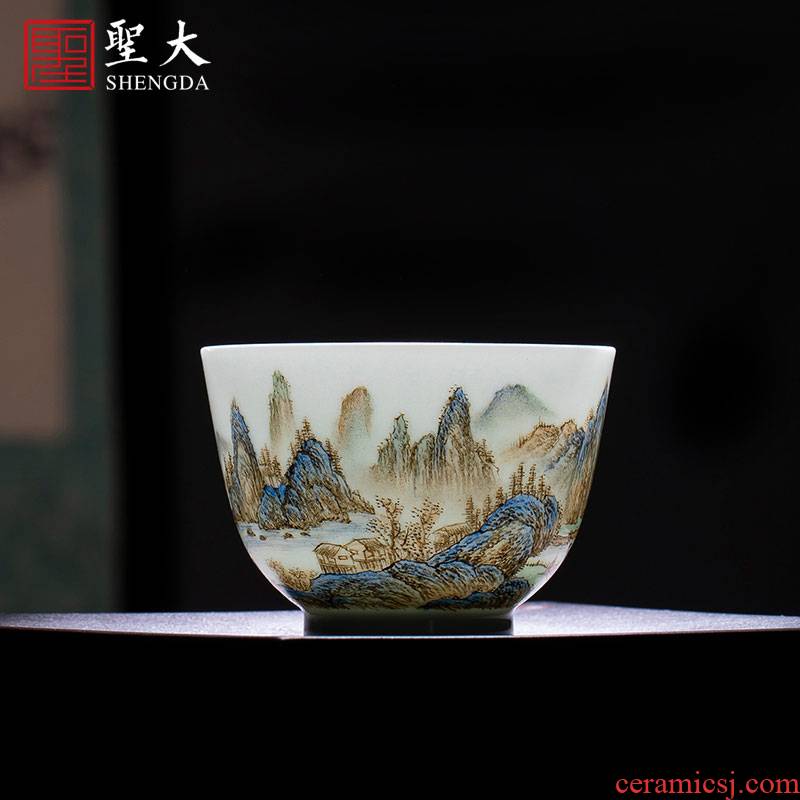 Santa teacups hand - made ceramic kung fu new pastel colored green landscape master cup sample tea cup of jingdezhen tea service