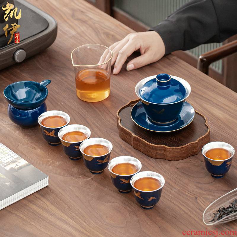 Rui crane GongTingLiu silver tea tureen tea cups set jingdezhen ceramic kung fu tea tea silver cup